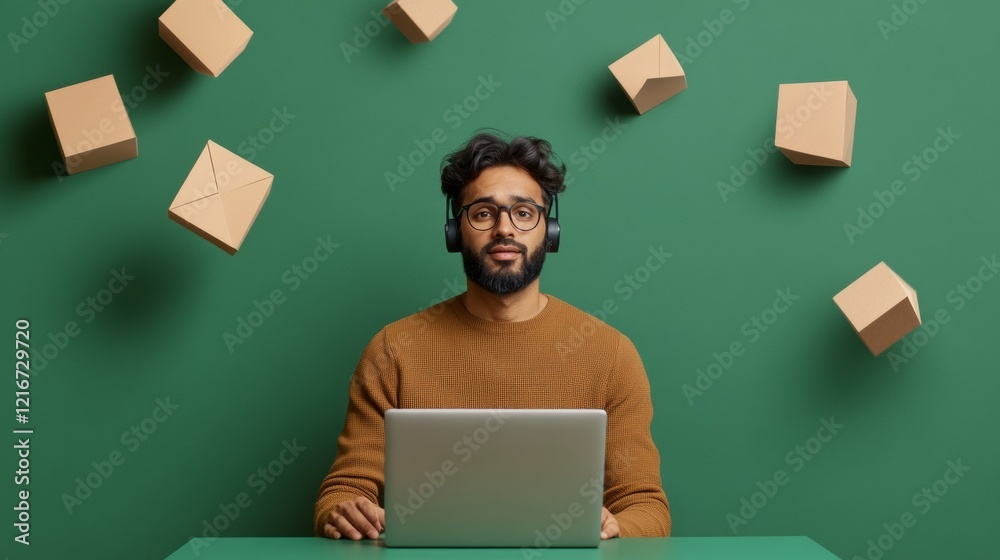 Aufkleber dynamic virtual presentation young indian man with laptop and headset amidst geometric cubes - inter