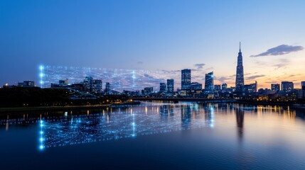 Naklejka premium Ultramodern cityscape at dusk with glowing connections urban waterfront digital art serene environment aerial view