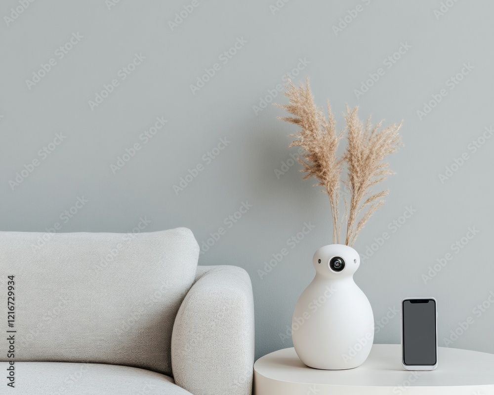 Aufkleber sleek modern home security smart camera and smartphone setup in soft gray living room - seamless iot