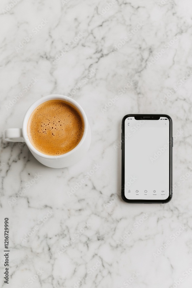 Poster smart coffee experience minimalist marble countertop with app-controlled coffee maker and smartphone