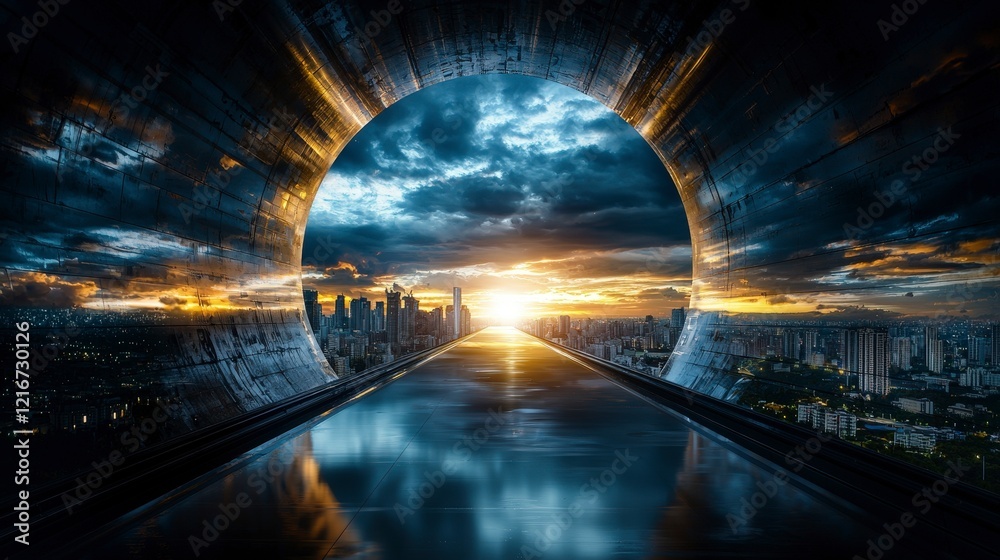 Poster digital transformation journey urban skyline at sunset futuristic environment stunning perspective i