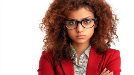 Obraz premium Young Woman With Curly Hair Wearing Glasses Looks Serious