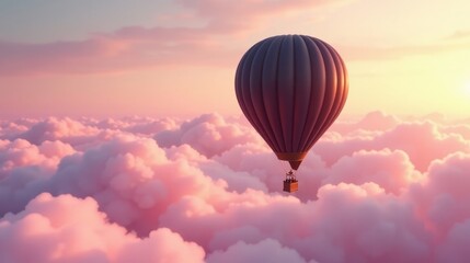 Obraz premium Serene Hot Air Balloon Ascending Above a Sea of Pastel Clouds at Sunset