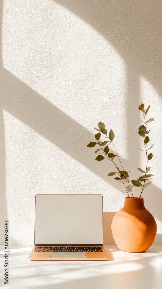Poster minimalist remote workspace aesthetic with laptop and clay vase - promoting flexible work solutions 
