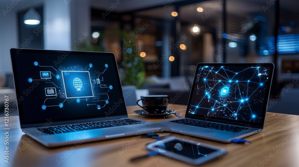 Aufkleber Digital transformation technology and connectivity in modern workspaces office setting visuals nighttime innovative concepts