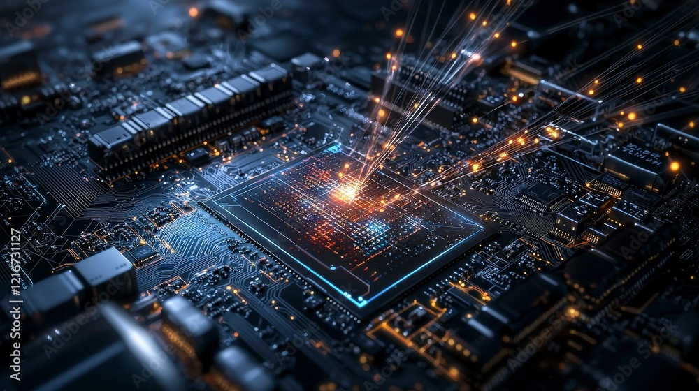 Poster innovative technology display digital circuit board visual art futuristic environment close-up view 