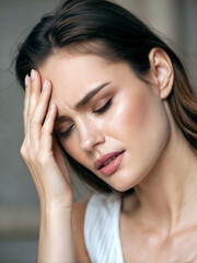 Fototapeta premium Pretty young woman having bad headache, holding her head, people background, felling unwell