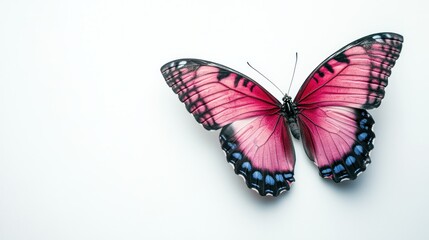 Obraz premium A vibrant pink butterfly with intricate patterns resting on a white background.