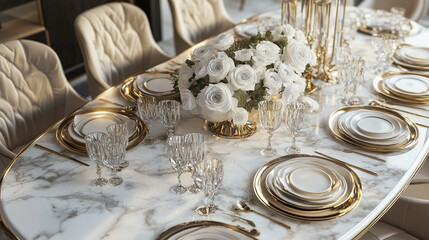 Elegant Table Setting with Gold Accents and Floral Centerpiece