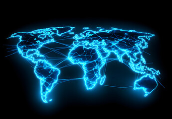 Futuristic Digital World Map with Glowing Lines and Connected Network Nodes, Symbolizing Global Communication, Technology, Data Sharing, and Connectivity Across Continents in a Blue Abstract Theme