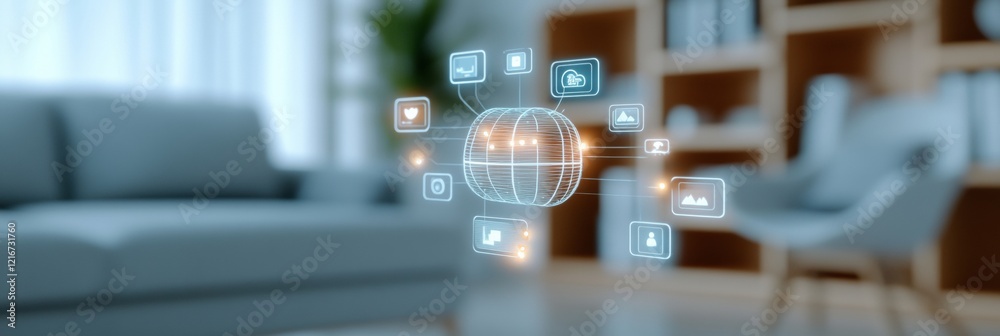 Poster Minimalist Digital Interaction Sphere Holographic Smart Device Interfaces in Modern Living Spaces - Futuristic Connectivity for Tech-Driven Home Solutions