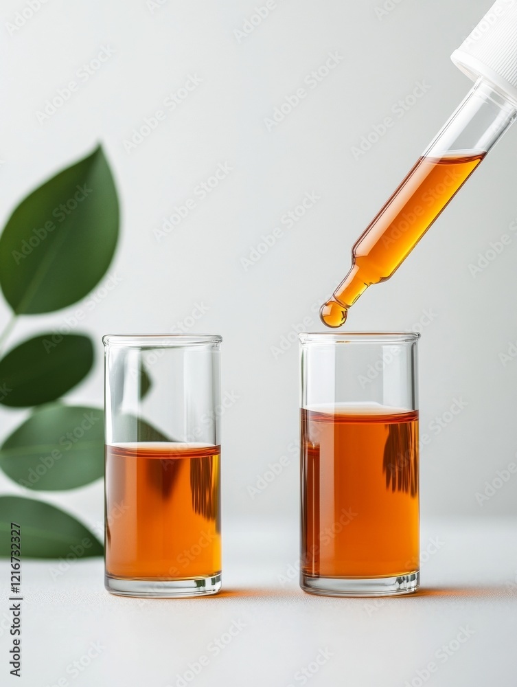Poster minimalist lab experiment display glass vials with amber liquid and pipette on white surface - pharm
