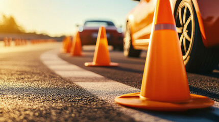 Driving school setup with a car and traffic cones an orange cone designated for driver training at a racetrack