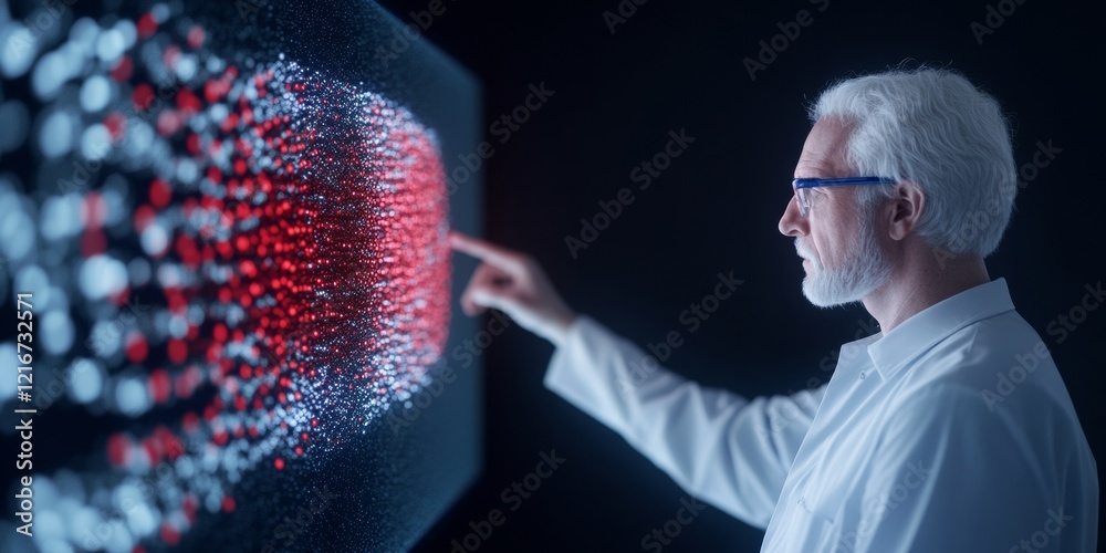 Poster Avant-Garde Tech Display Scientist in Lab Coat Interacts with Digital DNA Model - Cutting-Edge Bioinformatics for Genetic Research and Innovative Healthcare Solutions