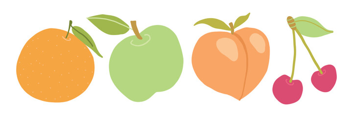 Juicy orange, crisp apple, sweet peach, and vibrant cherries arranged in a colorful and fresh fruit design. Perfect for healthy lifestyle or summer themes.