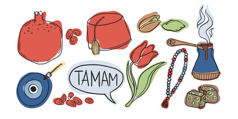 Includes pomegranate, tulip, fez, evil eye, Turkish delight, and coffee pot. A vibrant collection of Turkish cultural symbols and traditions.