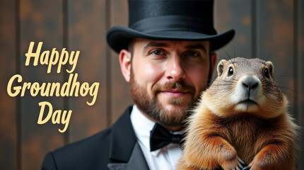 Gentleman in a top hat holding a groundhog with "Happy Groundhog Day" text. This close-up captures the charming interaction between man and animal, perfect for creative holiday projects