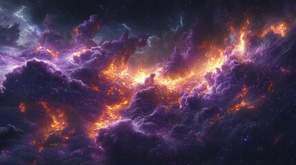 Fiery purple and orange nebula clouds in space with sparkling dust.