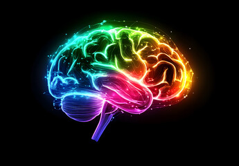 Futuristic Neon Brain With Multicolored Glowing Neural Connections, Showcasing Artificial Intelligence, Neural Networks, Data Flow,