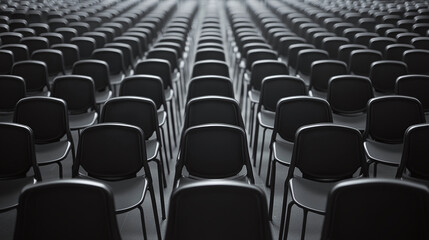 Naklejka premium Large empty conference hall with rows of chairs set up for an event.