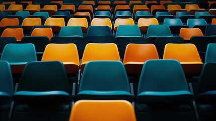 Fototapeta premium Large empty conference hall with rows of chairs set up for an event.