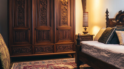 Ornate Wooden Armoire with Intricate Carvings