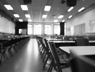 Classroom with rows of empty desks and chairs, waiting for students to arrive.