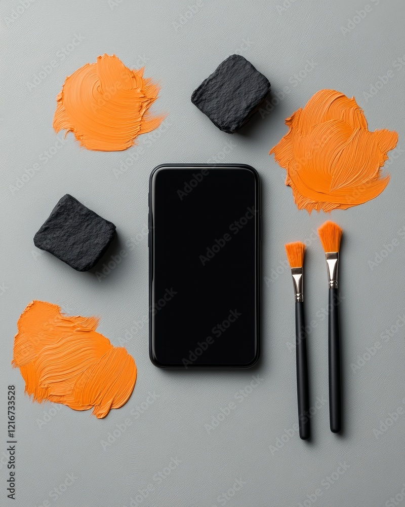 Poster modern digital creativity showcase sleek smartphone mockup with trendy app interface, surrounded by 