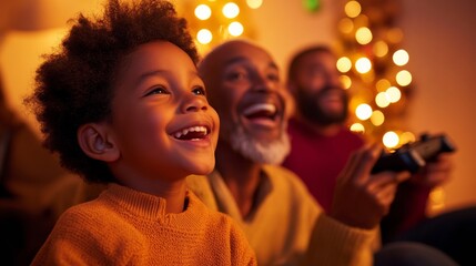 Festive Family Gaming Scene Multigenerational Holiday Gathering with Motion-Based Sports Game - Enhancing Cross-Generational Bonding and Vibrant Home Entertainment