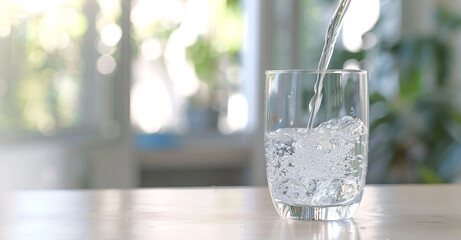Fresh clean water fills a clear glass on a bright white table with bokeh background
