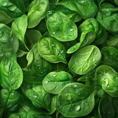 A lush display of organic spinach leaves covered in fresh dew drops, emphasizing their crisp texture and rich green color. A perfect ingredient for a nutritious and refreshing meal.  
