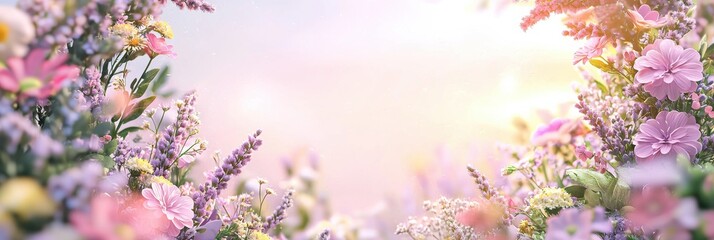 Obraz premium Blooming spring flowers in meadow with soft sunlight and pastel sky