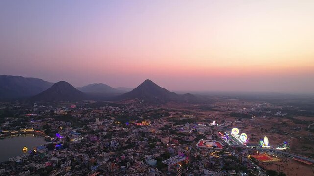 Aerial view of Pushkar Town and Lake, located in Pushkar, Rajasthan, India