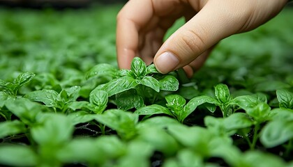 Hand Care for Young Basil Plants in Greenhouse