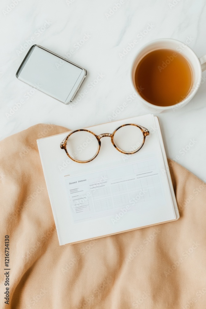 Aufkleber Minimalist Workspace Flat Lay Digital Job Search Essentials with Laptop, Tea, Smartphone and Notepad - Professional Networking and Career Growth in Tech-driven Environments