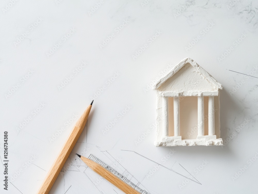 Poster minimalist architectural display modern white marble model with wooden pencils and ruler - innovativ