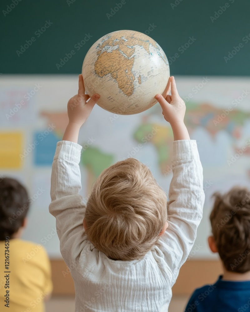 Poster interactive global learning diverse children with globe in bright classroom - reimagining education 