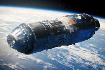 Spacecraft docked in low Earth orbit showcasing advanced technology and design elements