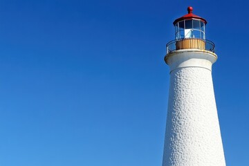 Historic lighthouse stands tall against clear blue sky during bright sunny day