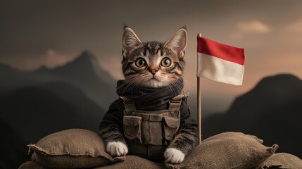 A heroic cat dressed in military gear sits on a pile of sandbags, proudly displaying the Indonesian flag in a scenic mountainous backdrop.