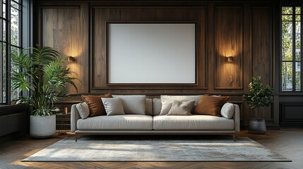 Elegant Living Room Interior Design with Modern Sofa and Wooden Walls