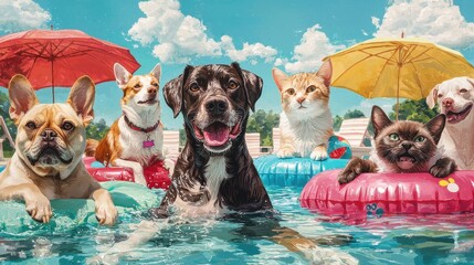 A lively scene of dogs and a cat enjoying a sunny day in a pool, complete with colorful floaties and umbrellas.