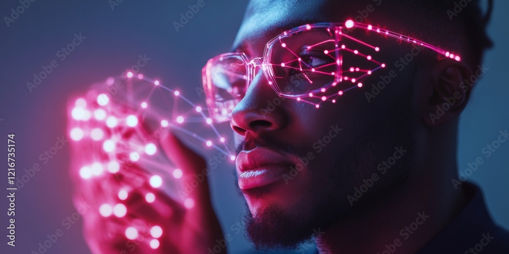 Poster futuristic neon aesthetic diverse professional in high-tech glasses with digital holograph - cutting