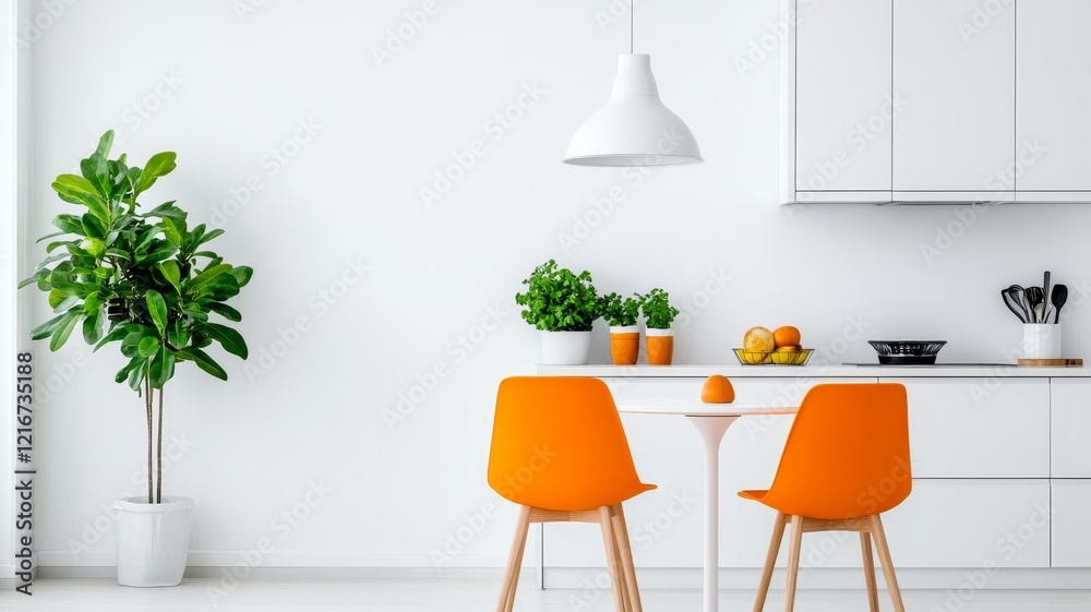 Wall mural Bright Kitchen Interior Design - Modern kitchen with orange chairs, white cabinets, and potted plants. Minimalist and bright interior design.