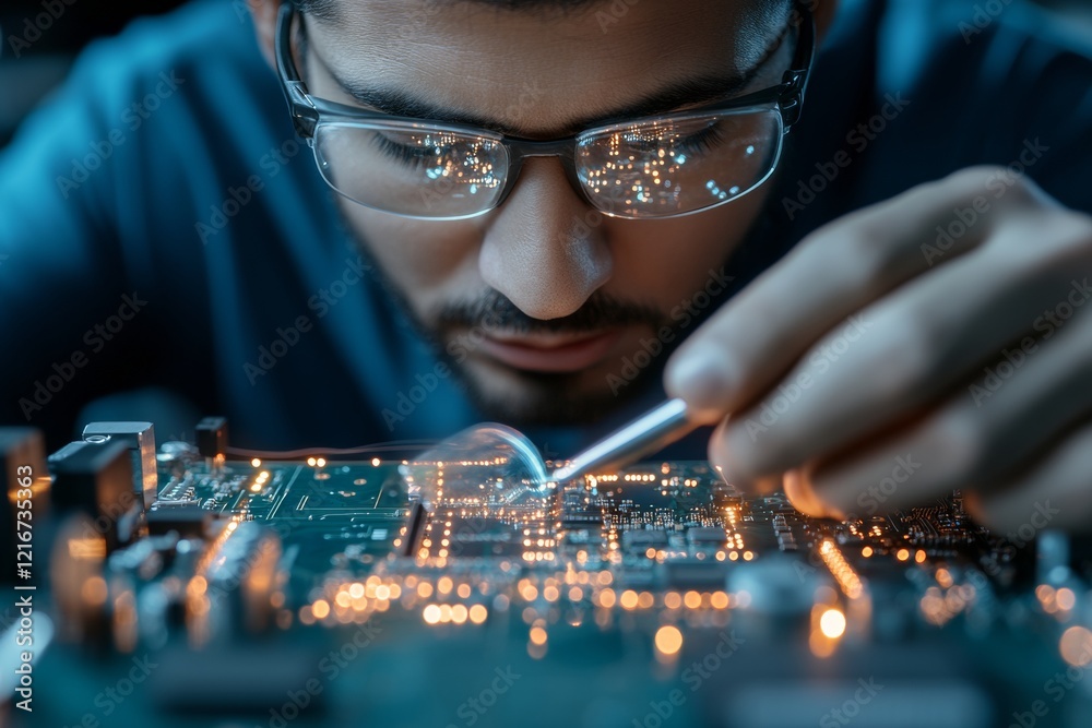 Aufkleber Precision Tech Analysis Middle Eastern Man Examines Microchip with Soldering Tools - Innovative Workspace Solutions and Sustainable Electronics Development
