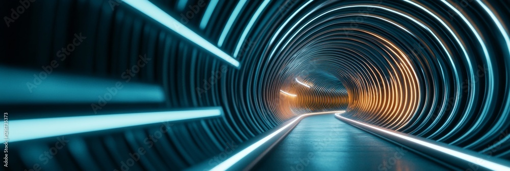 Poster futuristic neon tunnel dynamic light patterns on curved metal - cutting-edge tech space and illumina