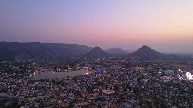 Aerial view of Pushkar Town and Lake, located in Pushkar, Rajasthan, India
