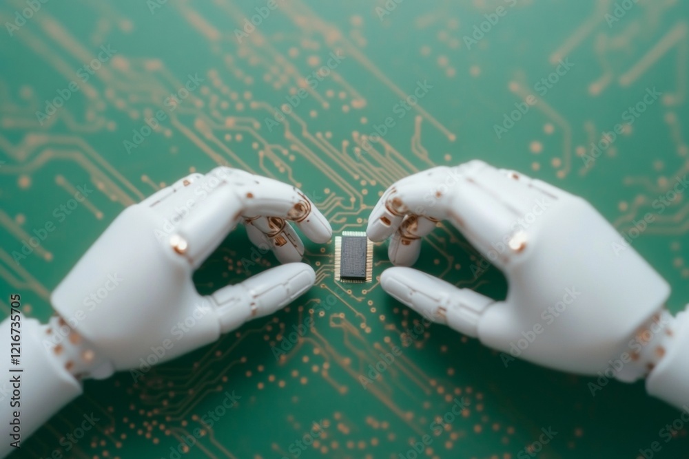 Fototapete Cutting-Edge Robotics in Microchip Assembly Precision Engineering on Metallic Surface - Technological Innovators Edge in Modern Industrial Automation