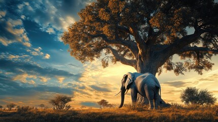 A large elephant is sitting under a tree in a field