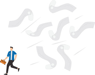 Overwhelmed with completing the excessive workload, stressed and tired from business problem and trouble, burnout and depression , confused and fearful businessman runaway from chasing paperwork